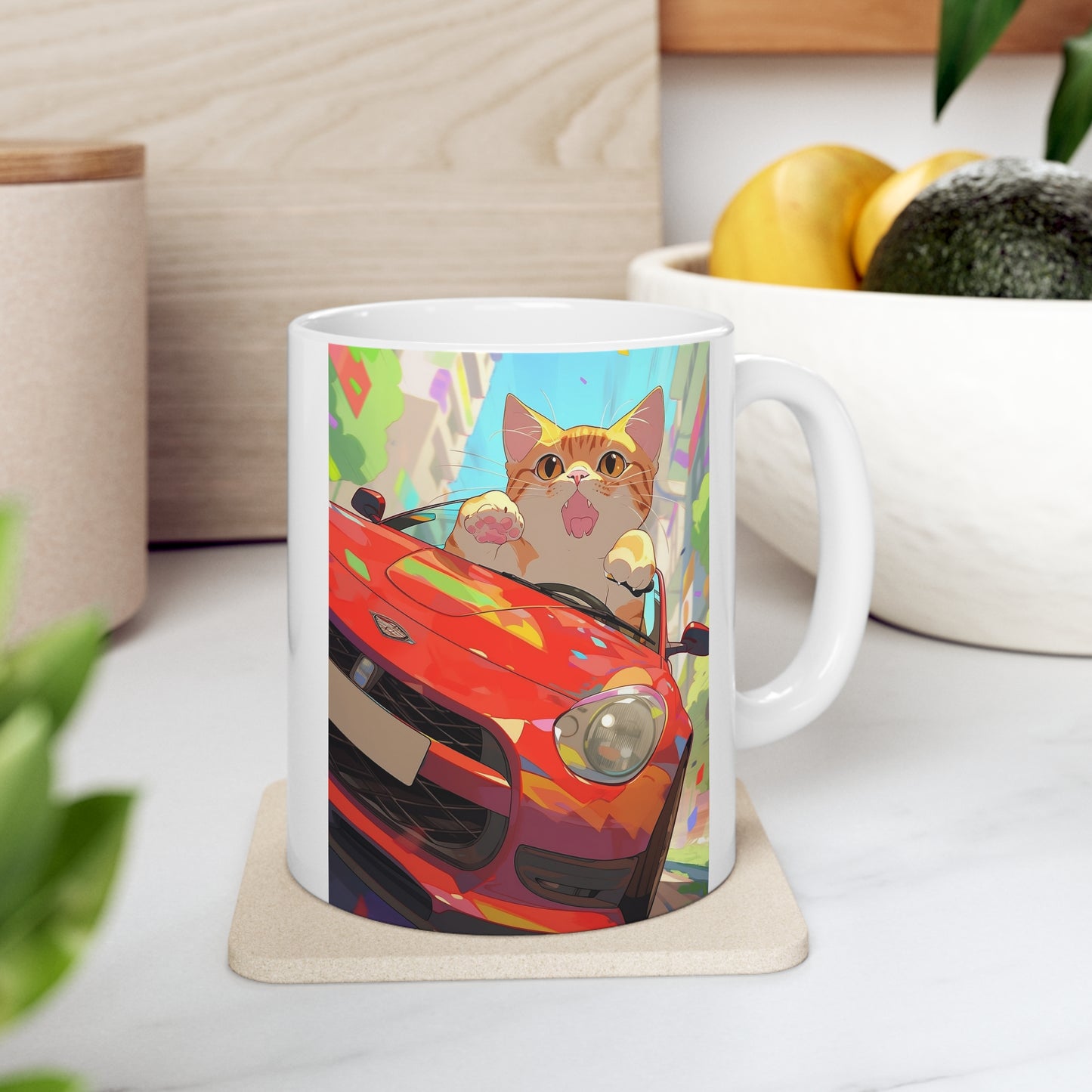 White Mug 11oz Orange Tabby Cat Kitty Riding Red Sports Car