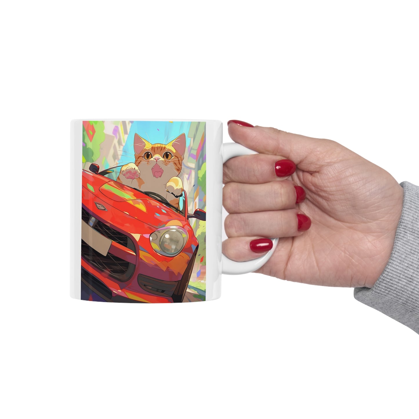 White Mug 11oz Orange Tabby Cat Kitty Riding Red Sports Car