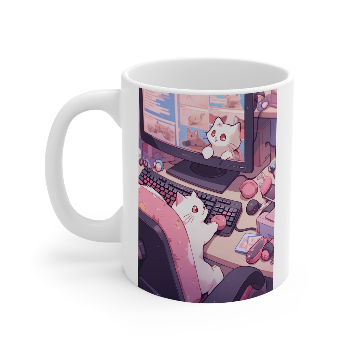 White Mug 11oz White Cat Surfing Internet Spare Time Anime Style