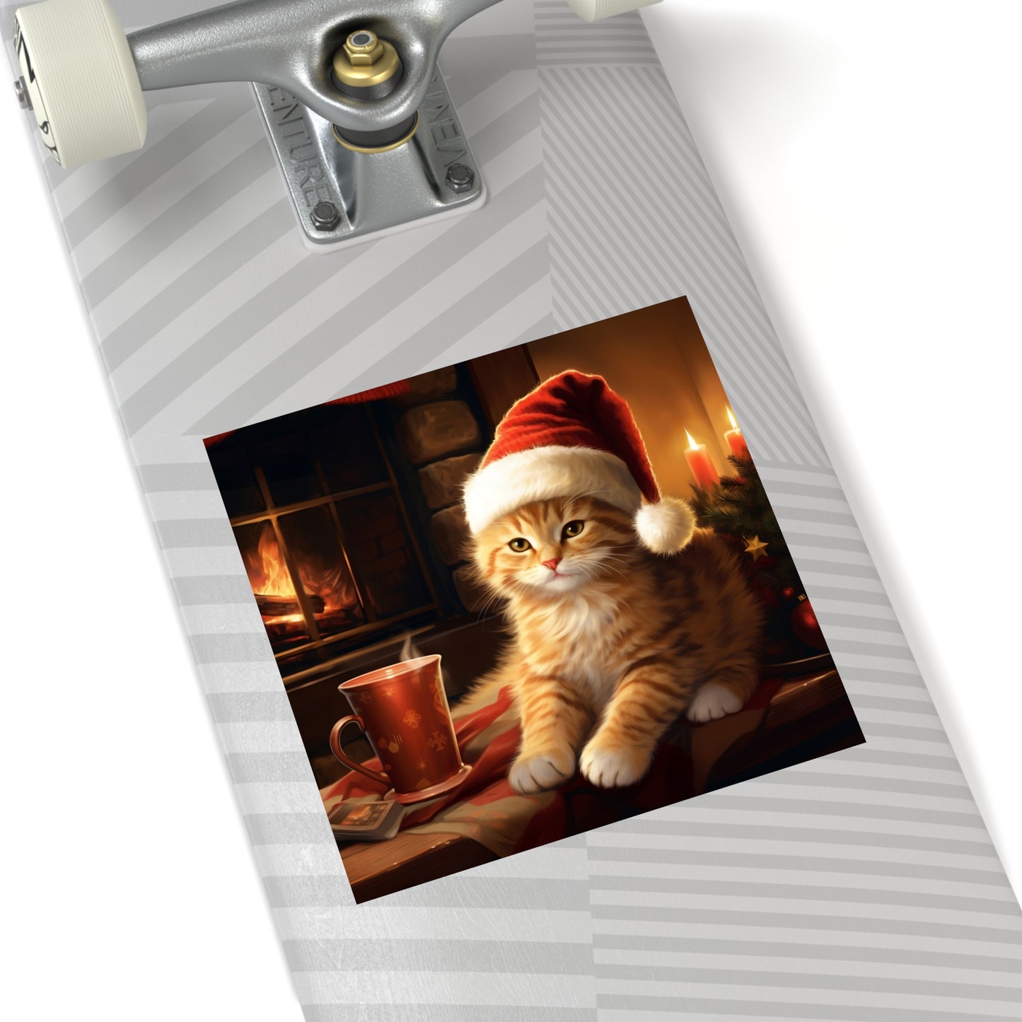 Square Vinyl Decals Sticker Christmas Santa Hat Cat Next to Fireplace