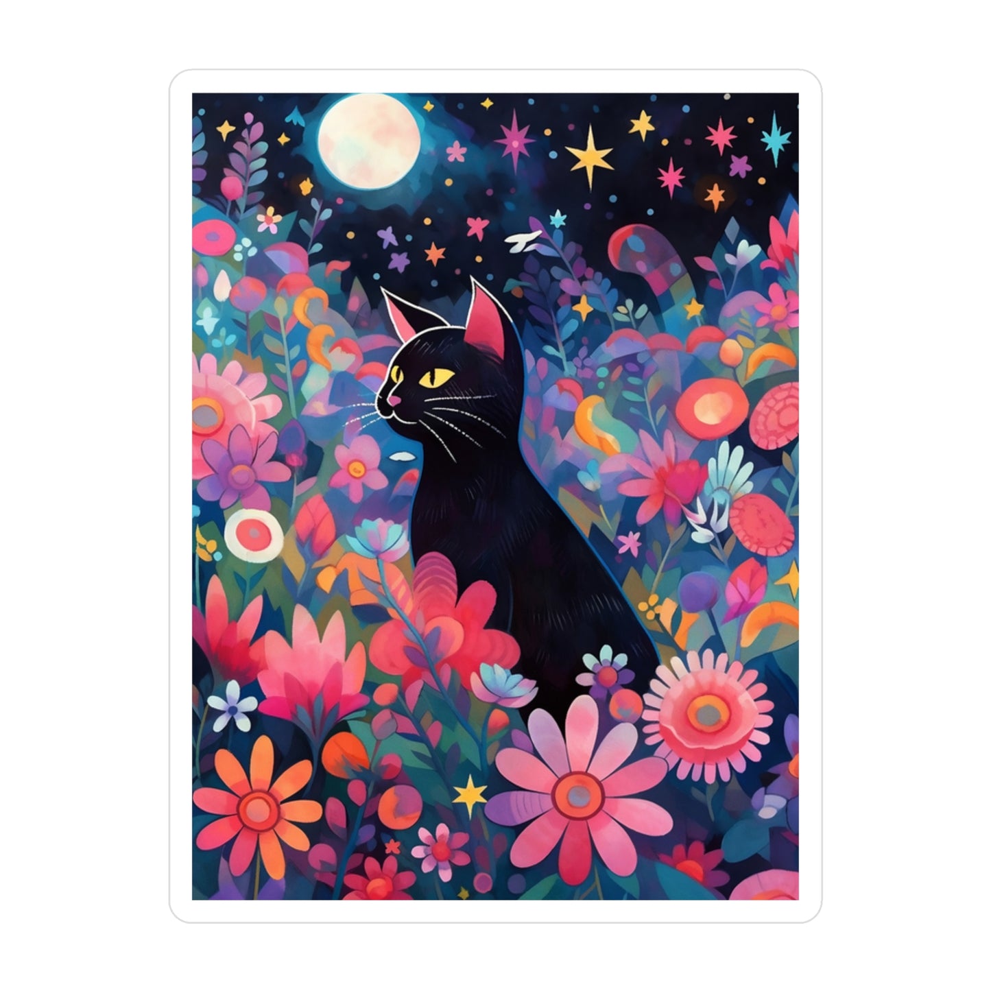 Kiss-Cut Vinyl Decals Sticker Black Cat Sit in a Magical Floral Garden