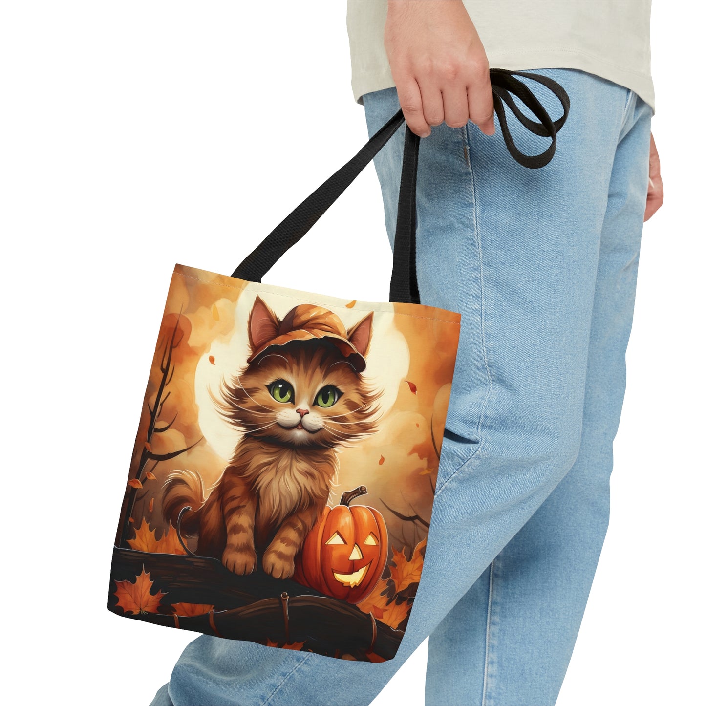 Ginger Cat with Jack-o'-lantern Halloween Costume Reusable Tote Bag