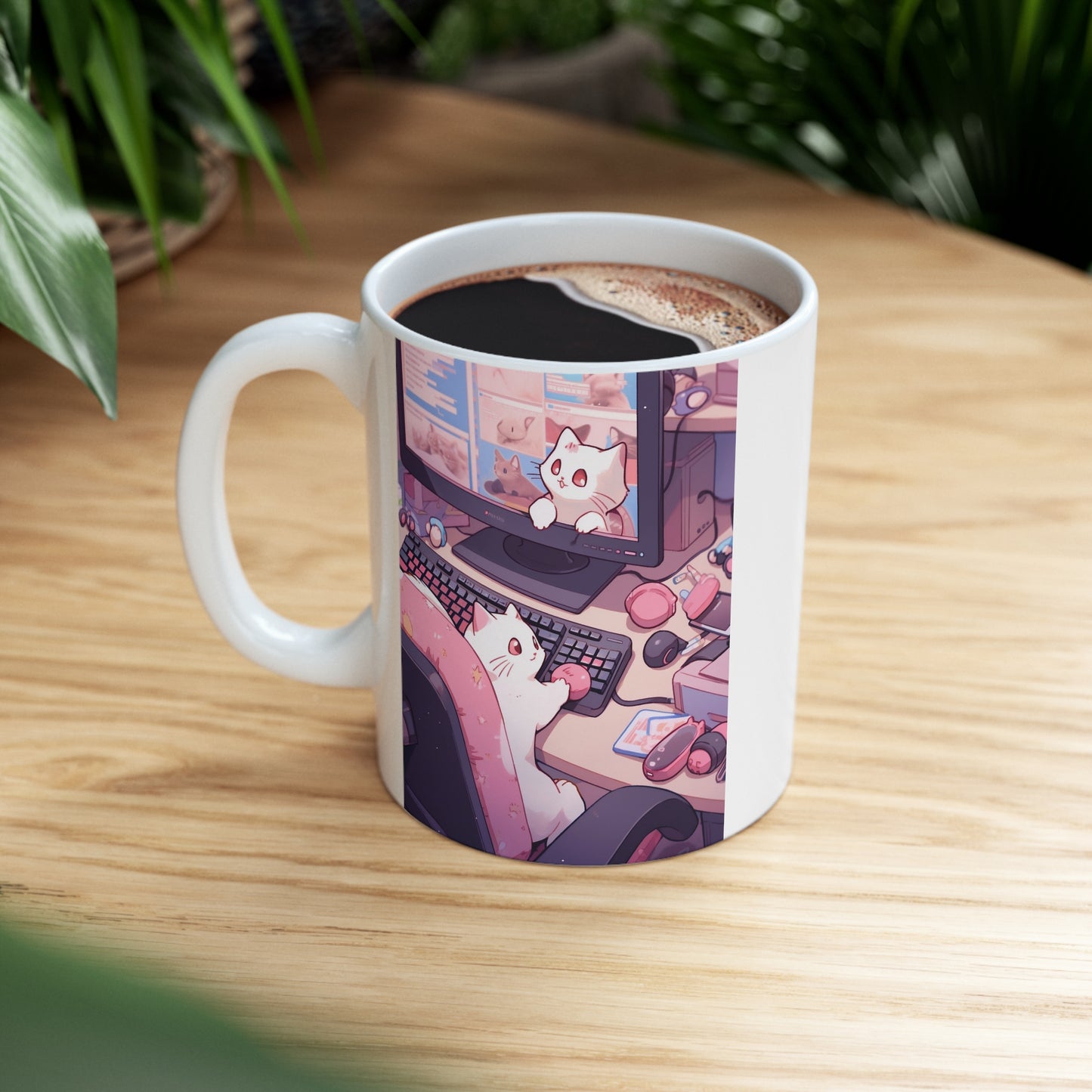 White Mug 11oz White Cat Surfing Internet Spare Time Anime Style