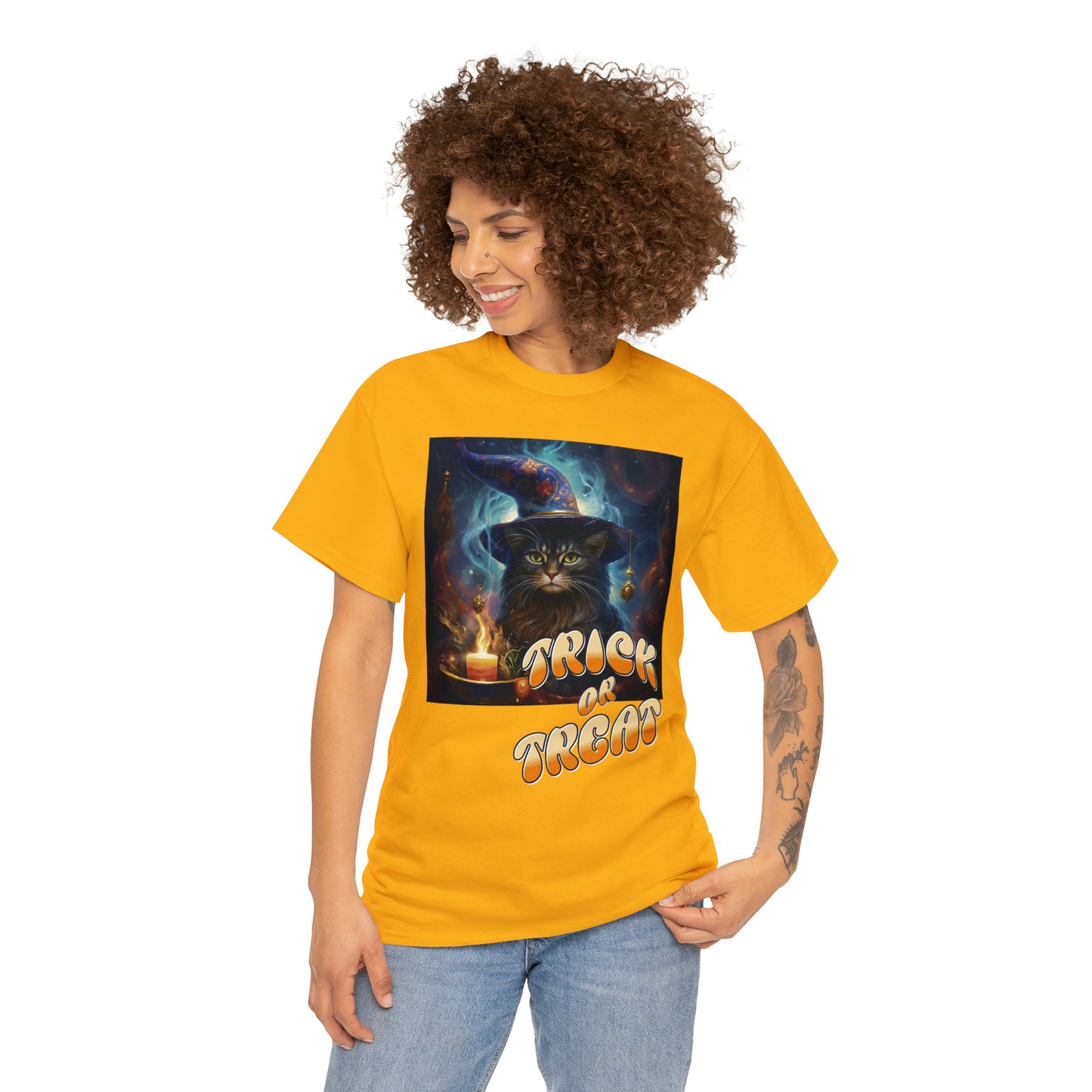 Unisex Cotton T-Shirt Trick or Treat Halloween Cat Graphic Costume Tee