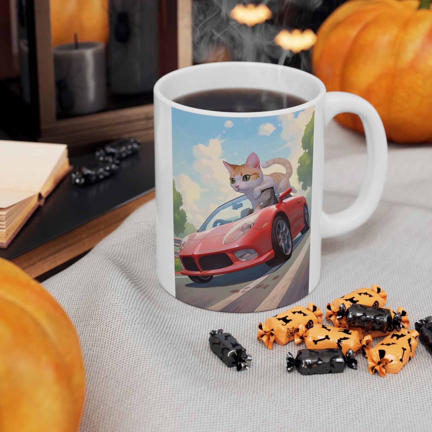 White Mug 11oz Orange Tabby Cat Riding Red Sports Car Anime Style