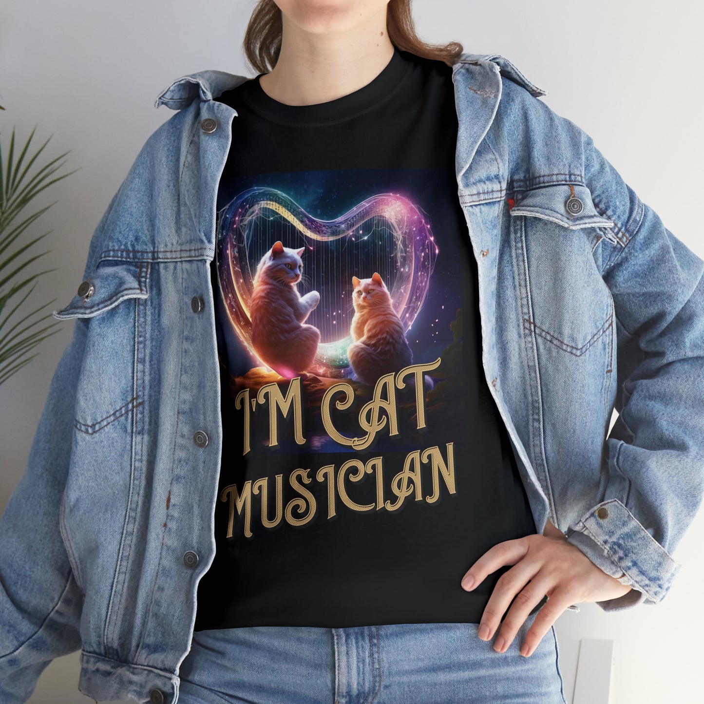 Unisex Cotton T-Shirt Cat Avatars Holographic Harp Strings Graphic Tee