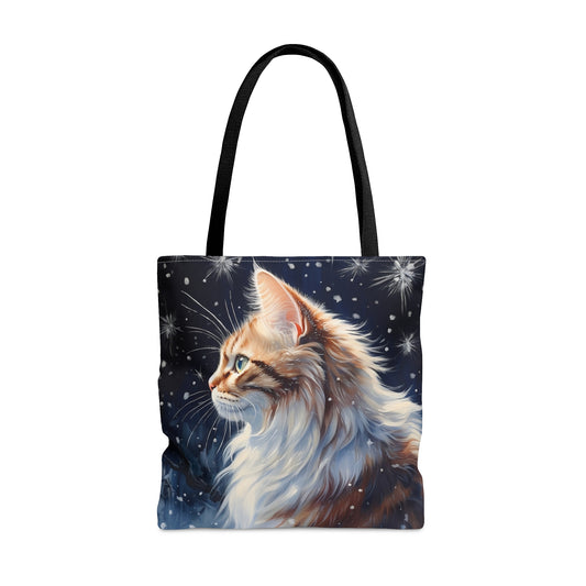 Ginger Cat with Falling Snowflakes Christmas Gift Reusable Tote Bag