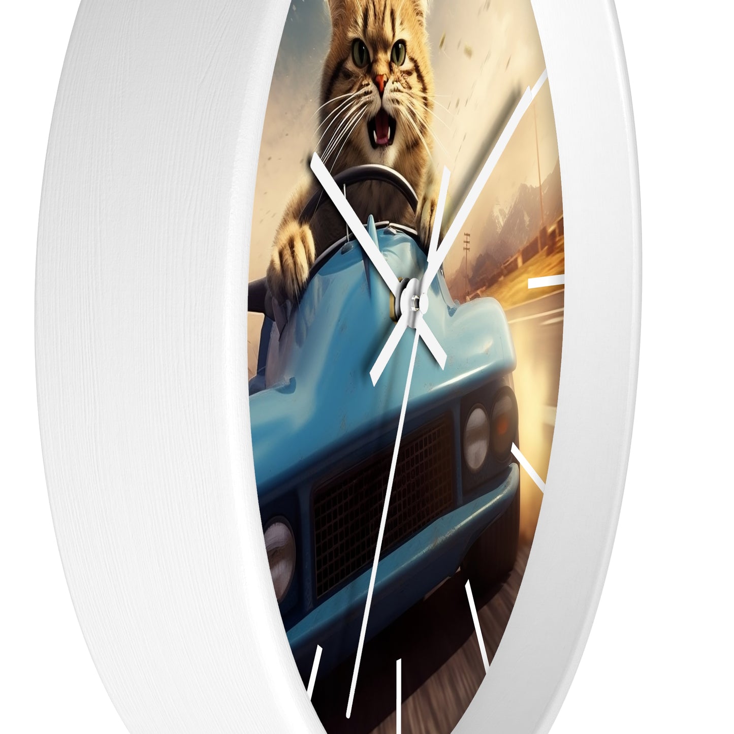 Wall Clock Brown Tabby Cat Sports Car Driver Home Decor