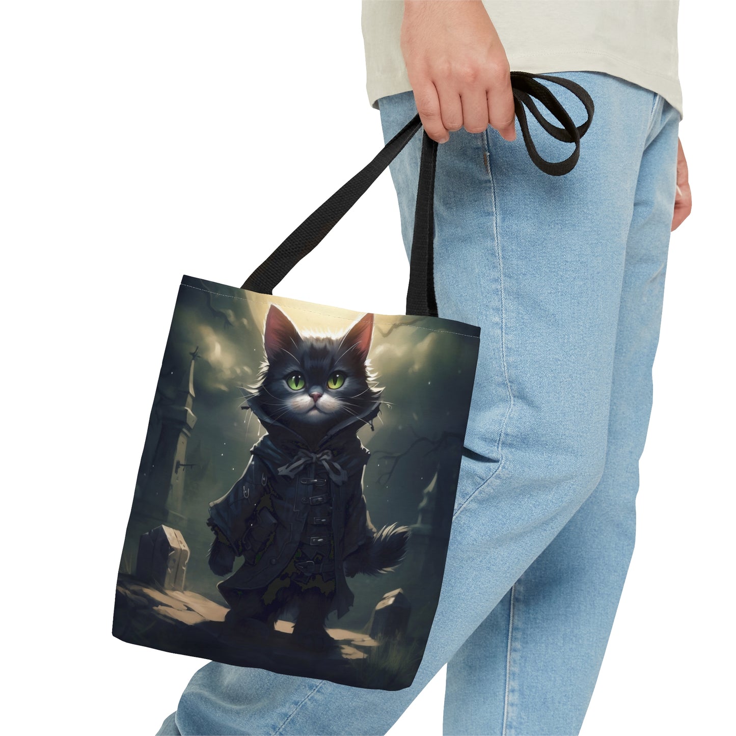 Vampire Kitty in Moonlit Graveyard Halloween Costume Reusable Tote Bag