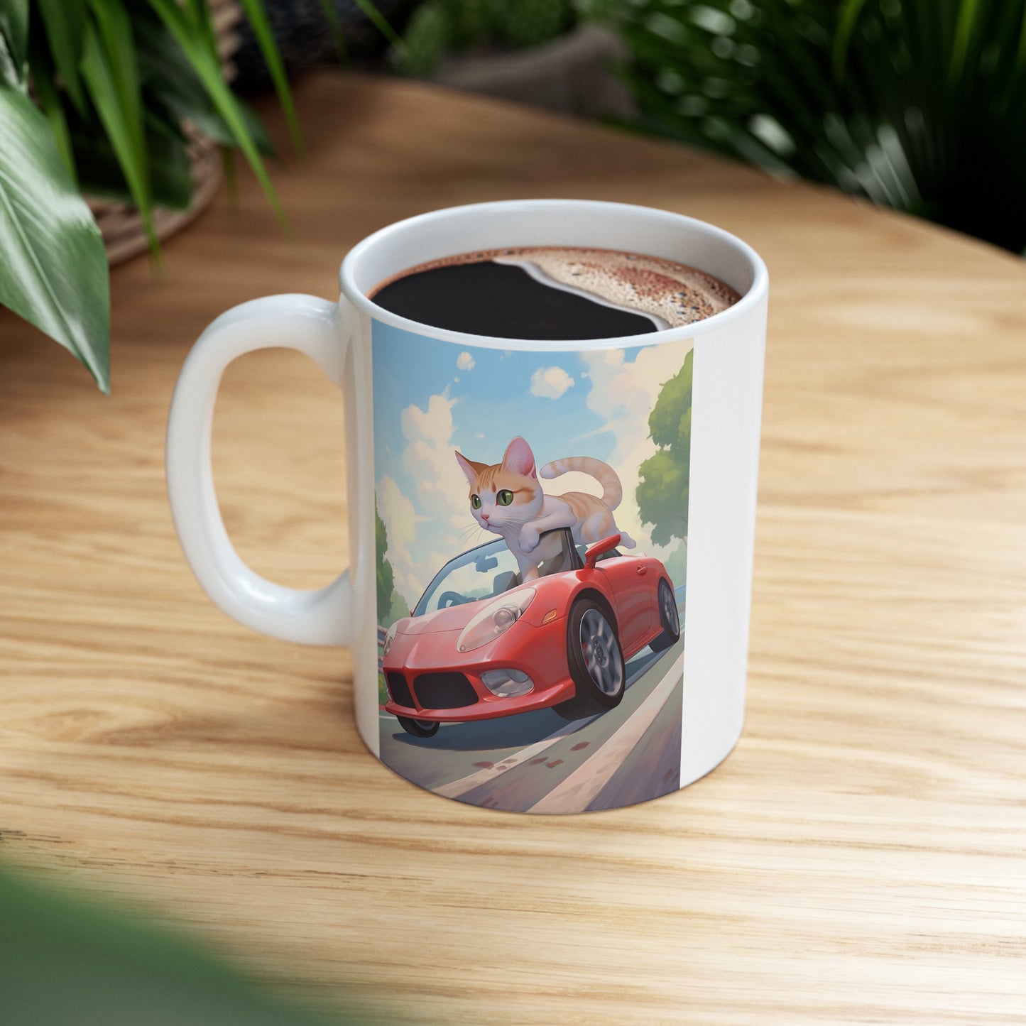 White Mug 11oz Orange Tabby Cat Riding Red Sports Car Anime Style