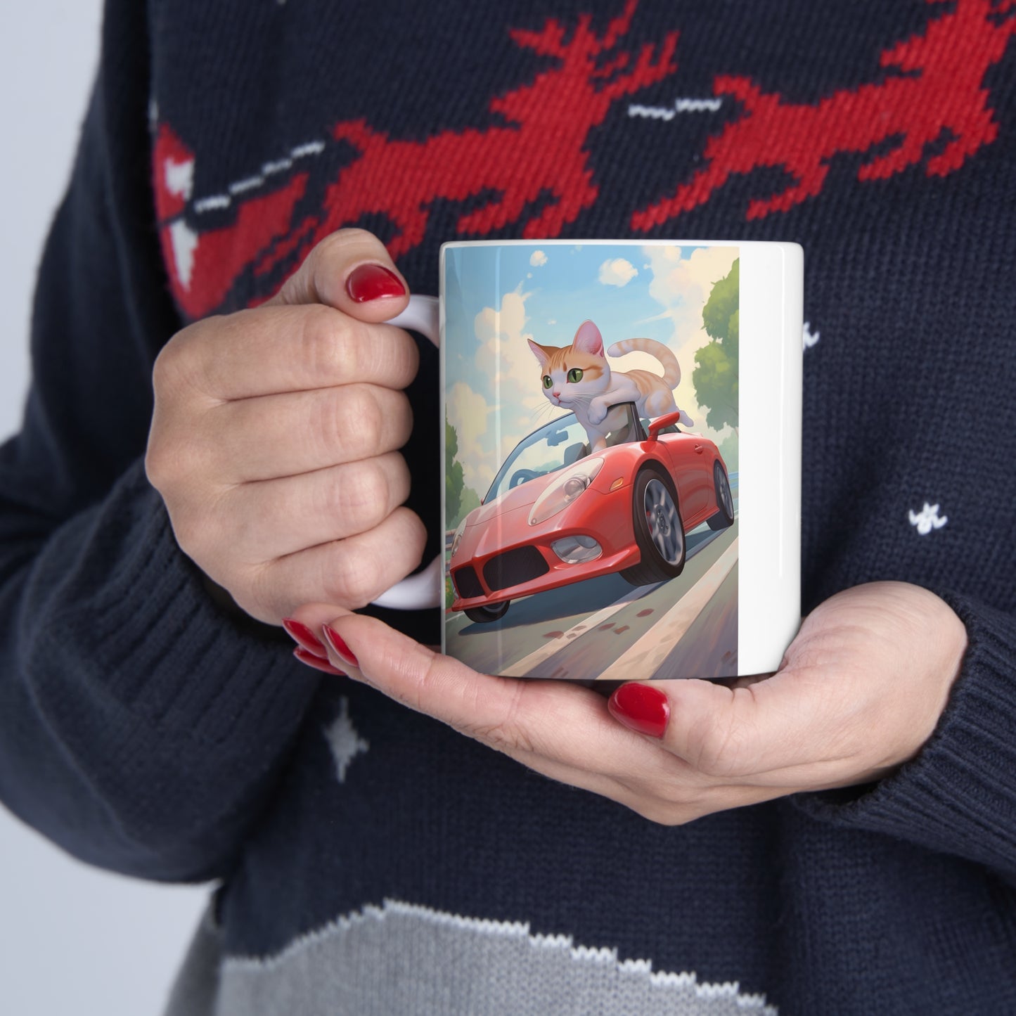 White Mug 11oz Orange Tabby Cat Riding Red Sports Car Anime Style