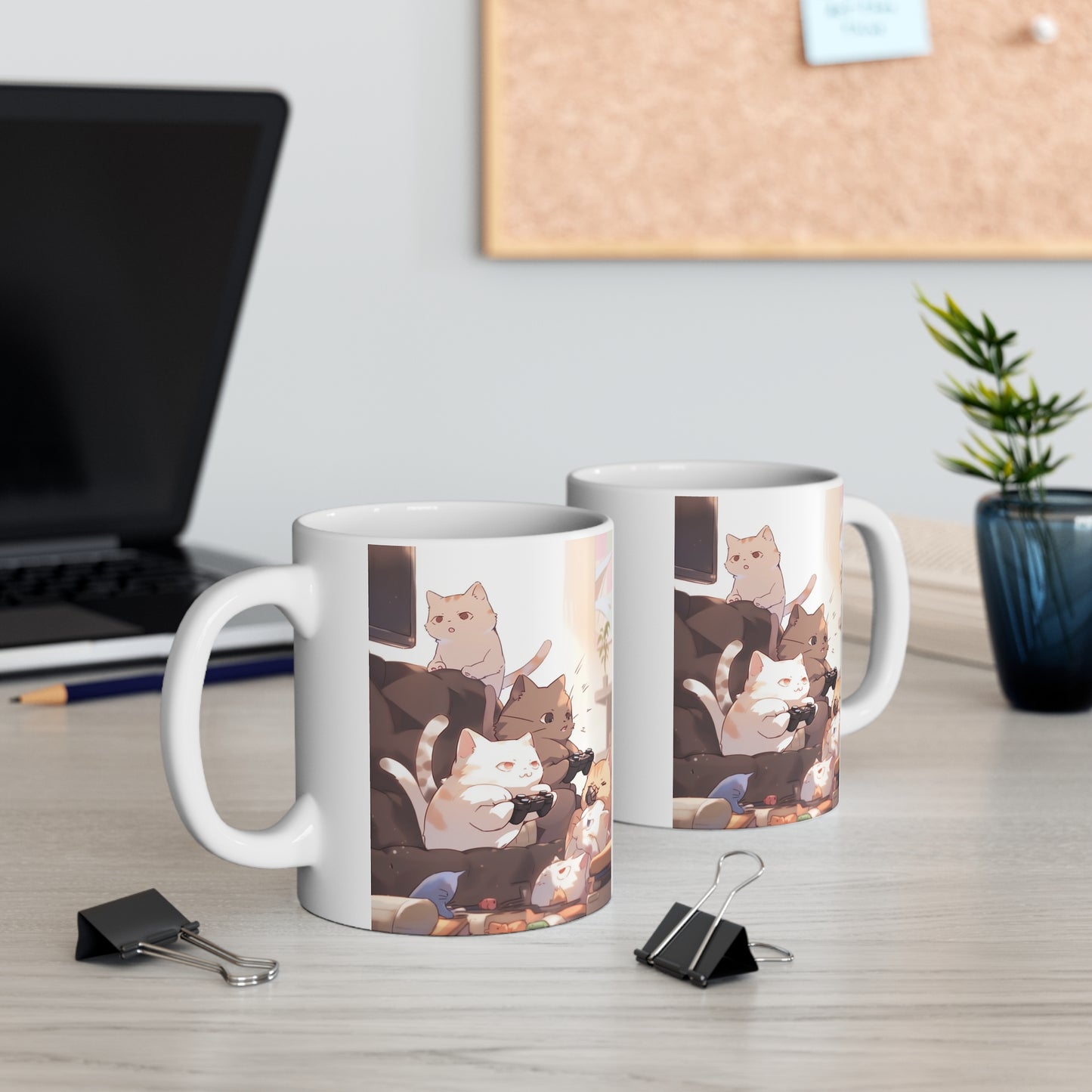 White Mug 11oz Cat Family Play Video Games Together Anime Style