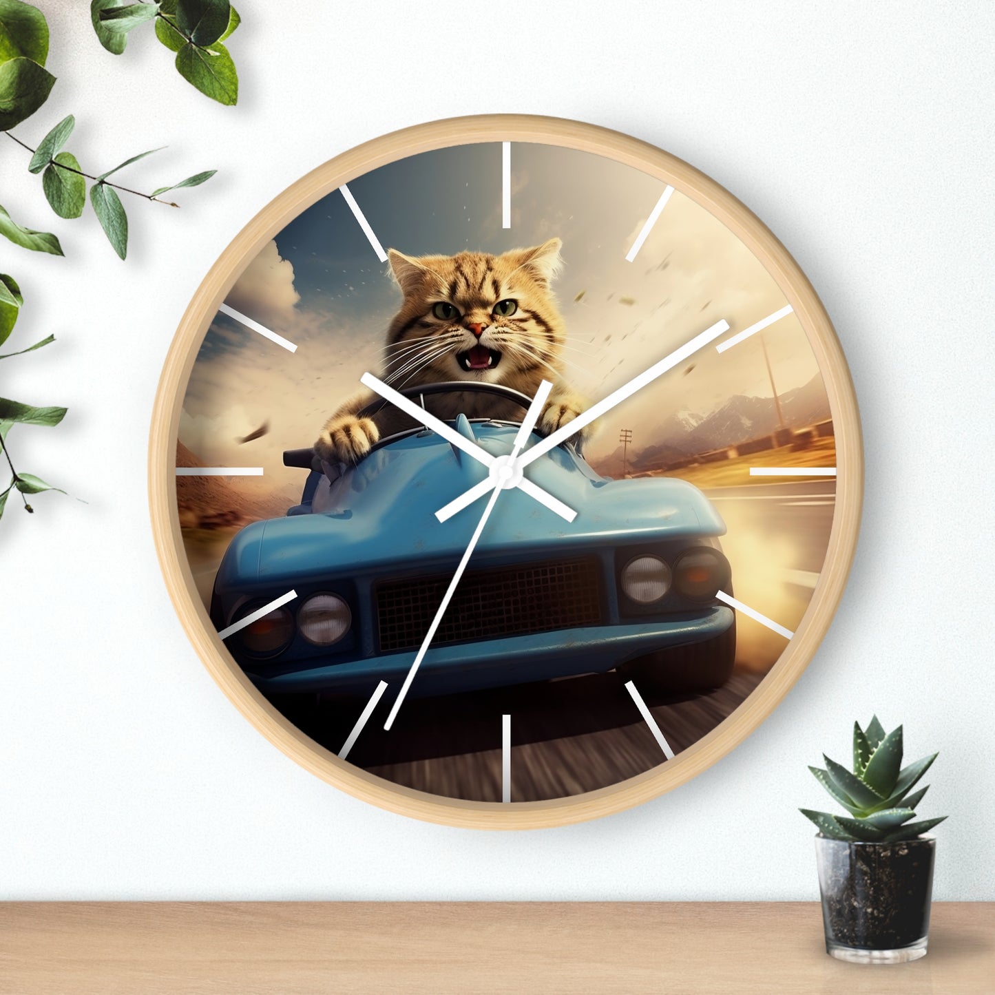 Wall Clock Brown Tabby Cat Sports Car Driver Home Decor