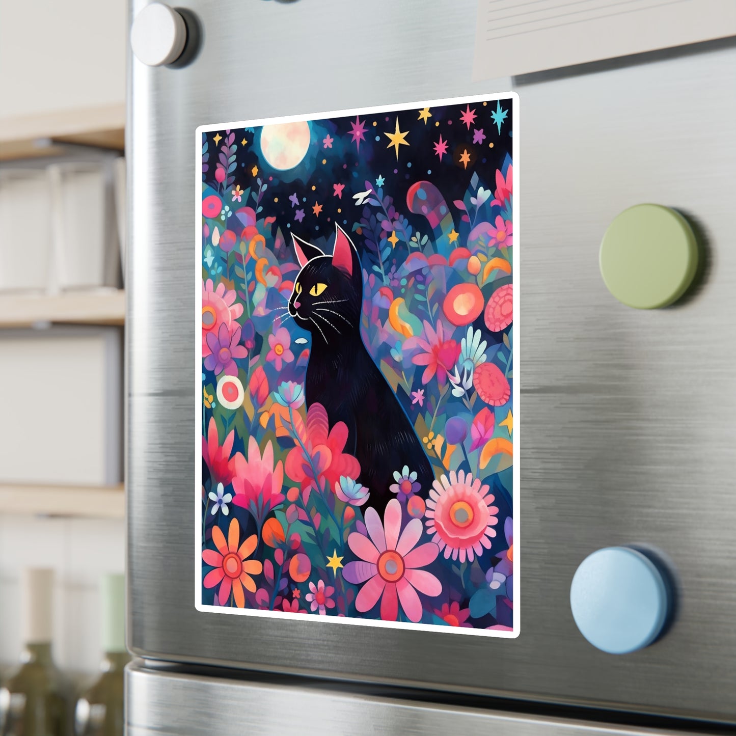 Kiss-Cut Vinyl Decals Sticker Black Cat Sit in a Magical Floral Garden