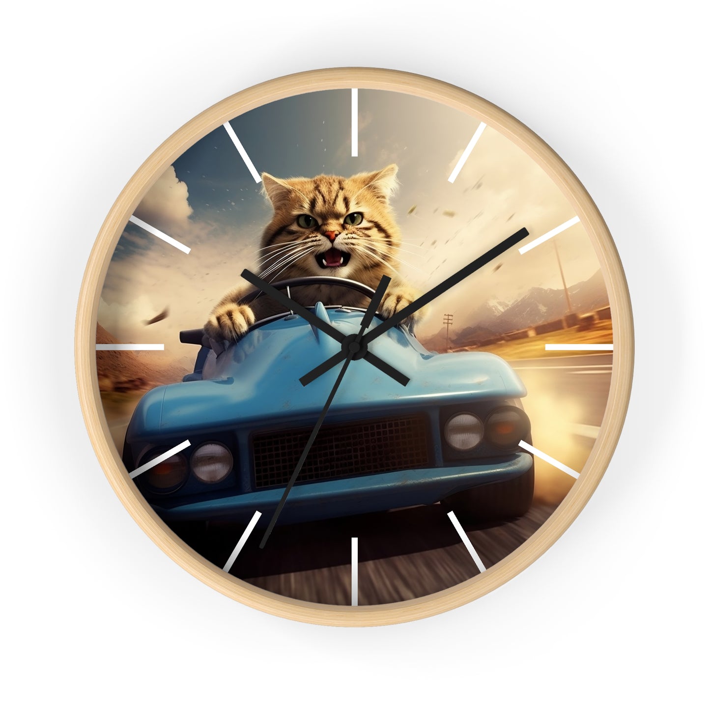 Wall Clock Brown Tabby Cat Sports Car Driver Home Decor