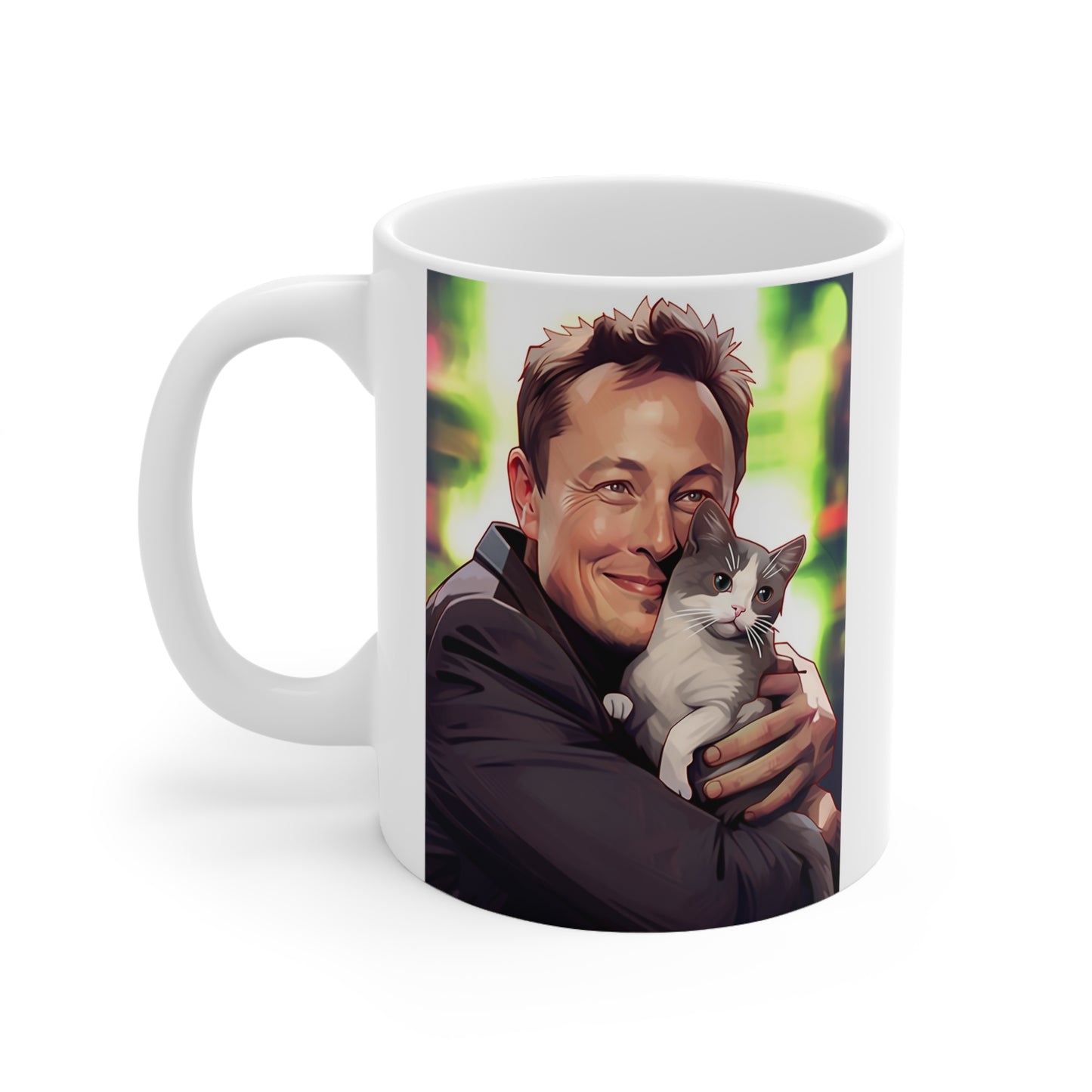 White Mug 11oz Elon Musk Hugging Cat Kitty Anime Style