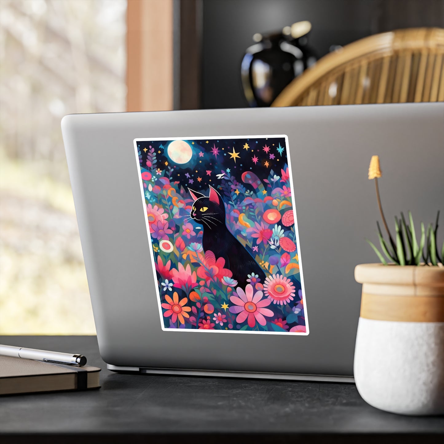 Kiss-Cut Vinyl Decals Sticker Black Cat Sit in a Magical Floral Garden