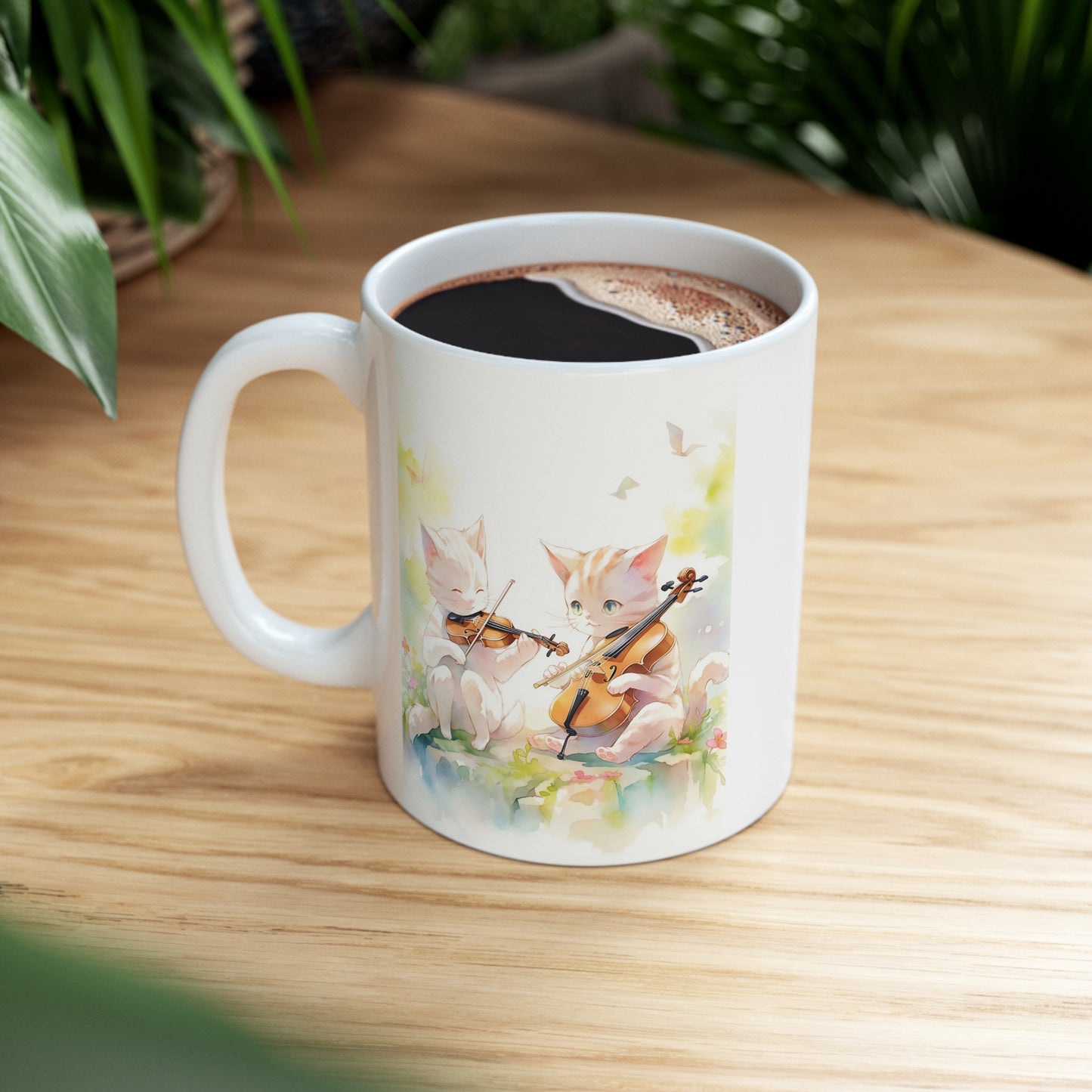 White Mug 11oz Twin White Cats Playing Violin in Forest Anime Style