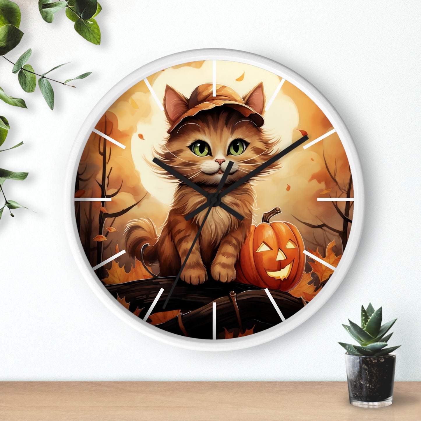 Wall Clock Ginger Cat With Jack O'Lantern Halloween Graphic Home Decor