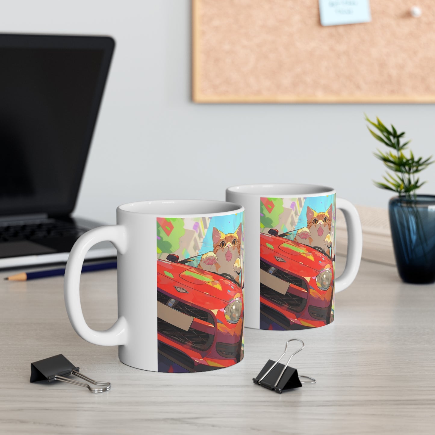 White Mug 11oz Orange Tabby Cat Kitty Riding Red Sports Car