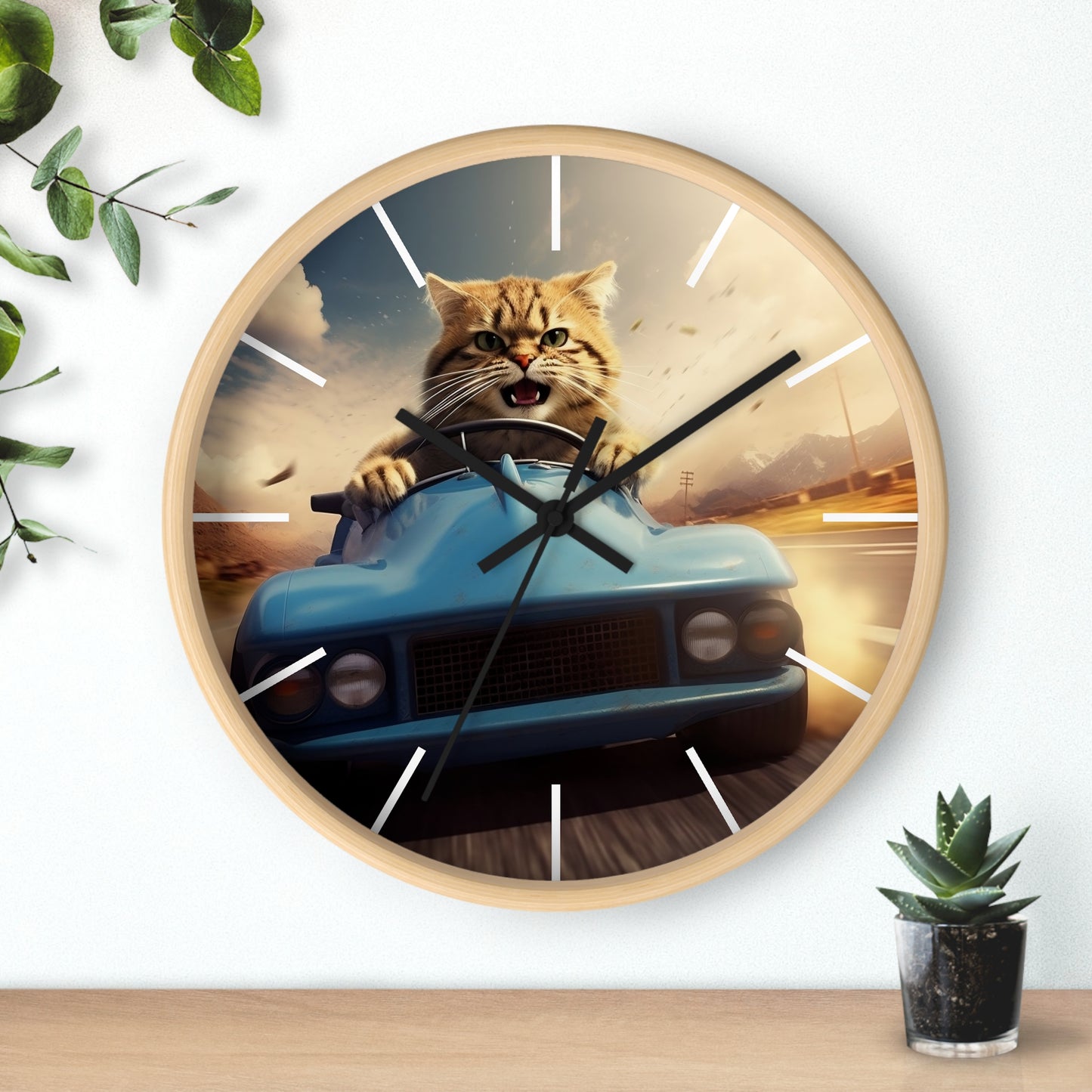 Wall Clock Brown Tabby Cat Sports Car Driver Home Decor