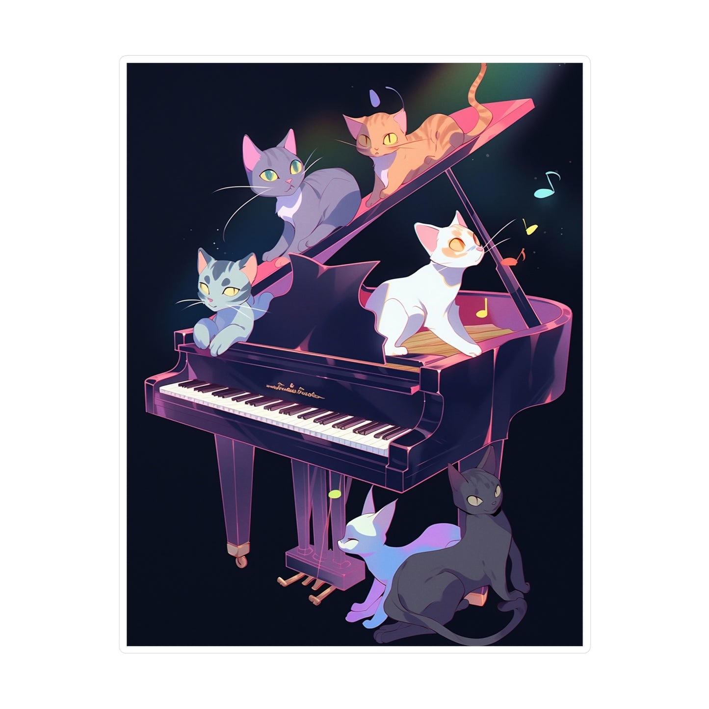 Kiss-Cut Vinyl Decals Sticker Cat Family Listening Piano Music