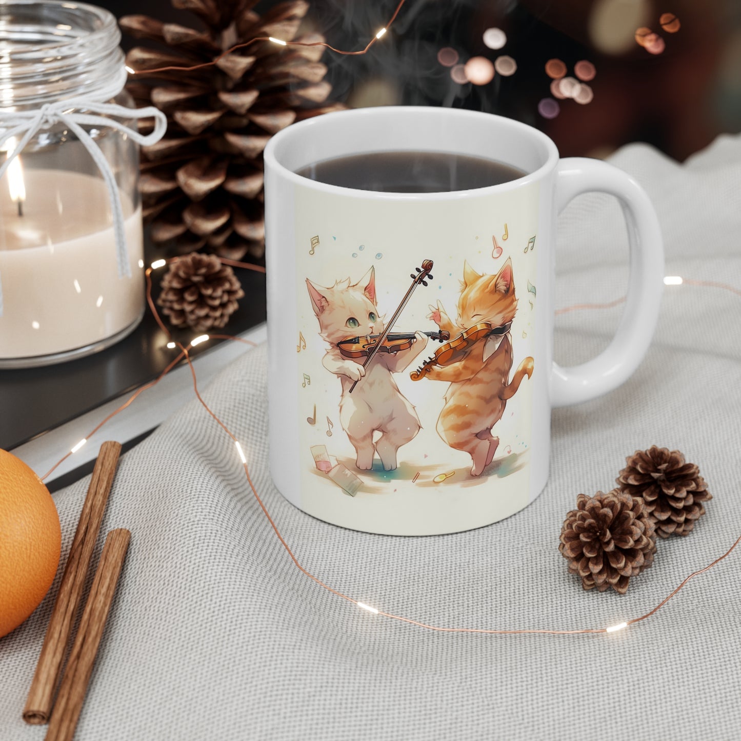 White Mug 11oz Twin Cats Playing Violin in Forest Anime Style