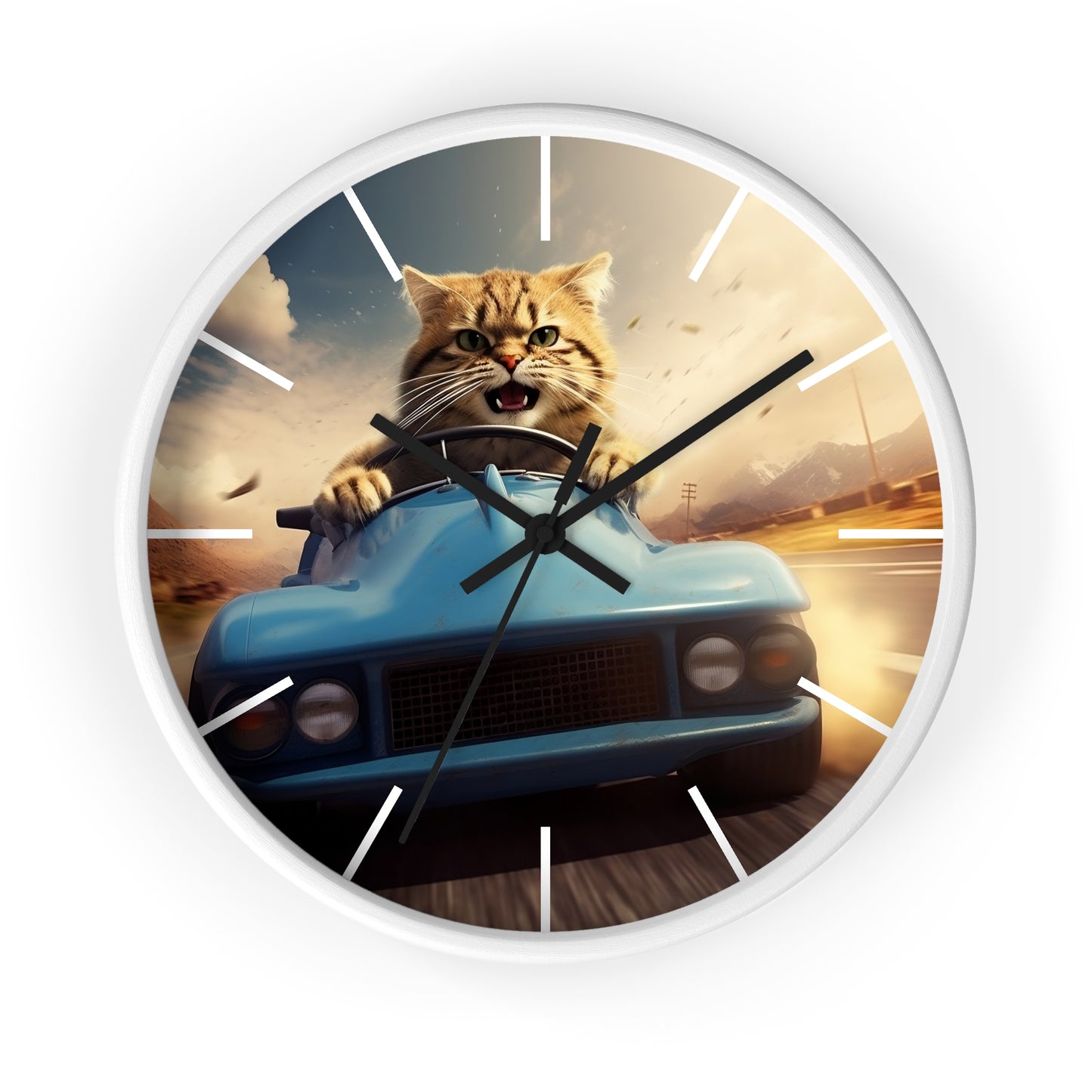 Wall Clock Brown Tabby Cat Sports Car Driver Home Decor