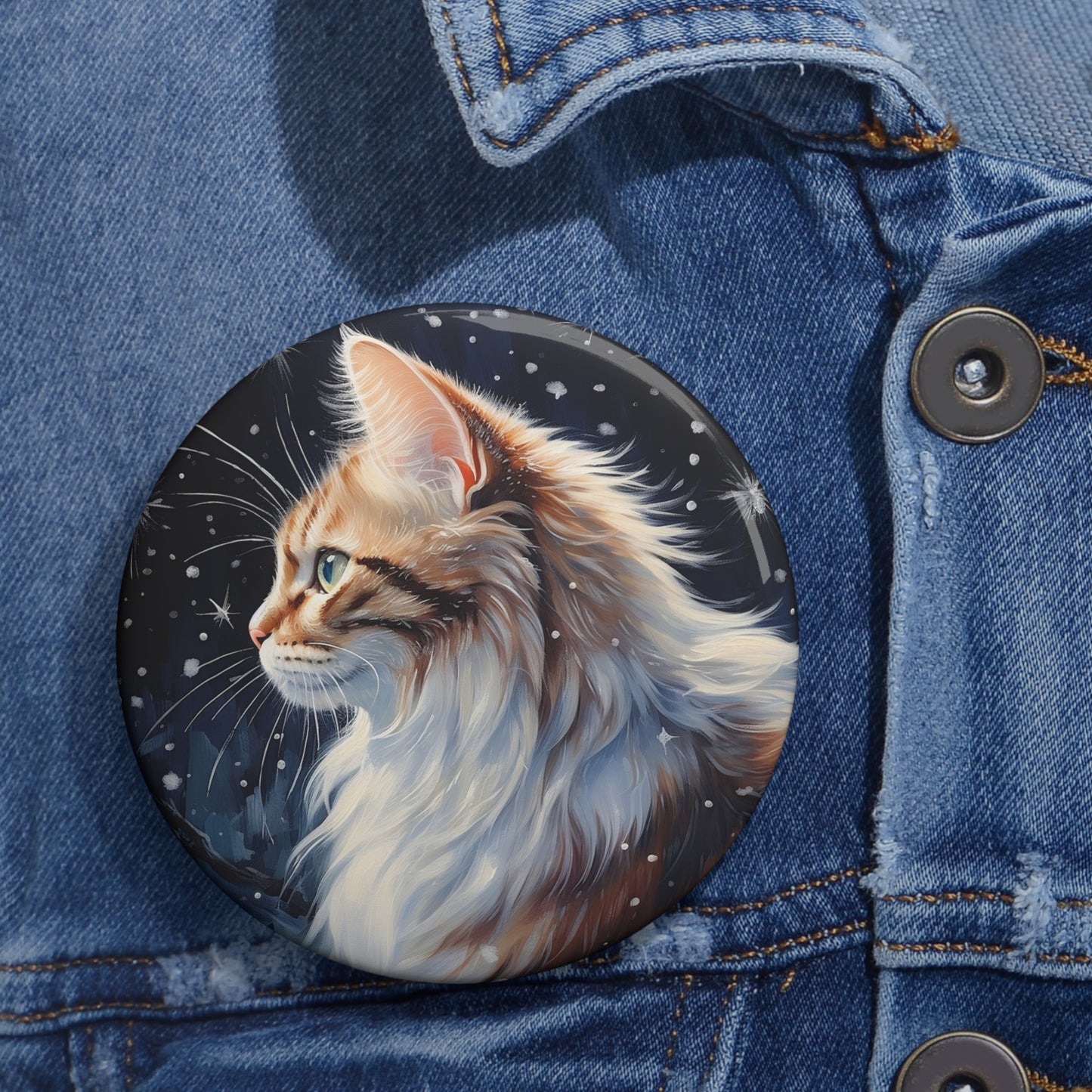 Pin Buttons Orange Cat With Falling Snowflakes Christmas Gift Badge