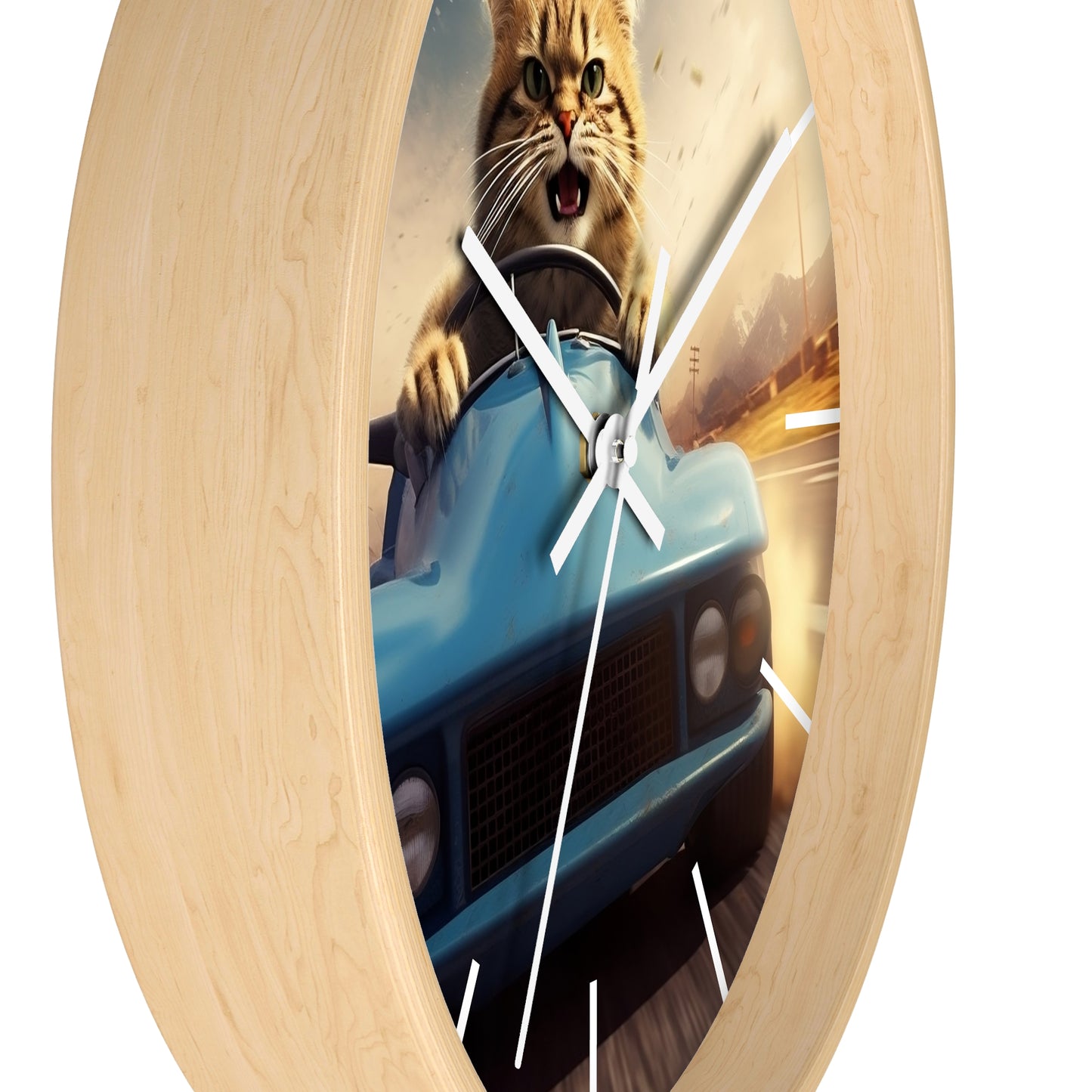 Wall Clock Brown Tabby Cat Sports Car Driver Home Decor