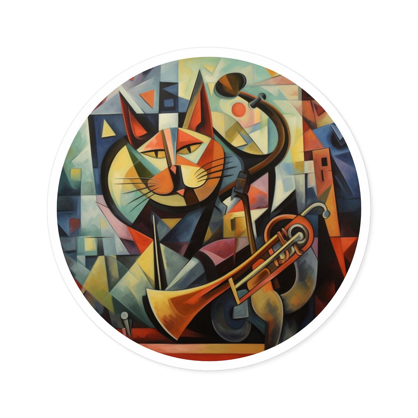 Round Vinyl Decal Sticker Cubist Cat Trombone Melody With Musical Notes
