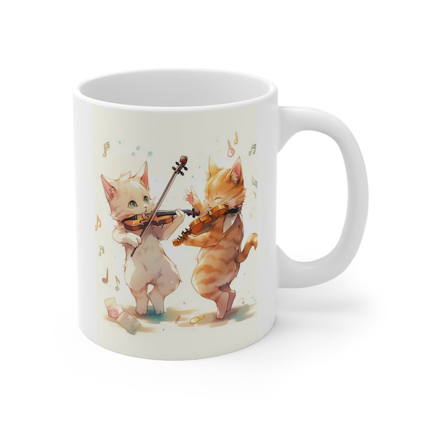 White Mug 11oz Twin Cats Playing Violin in Forest Anime Style