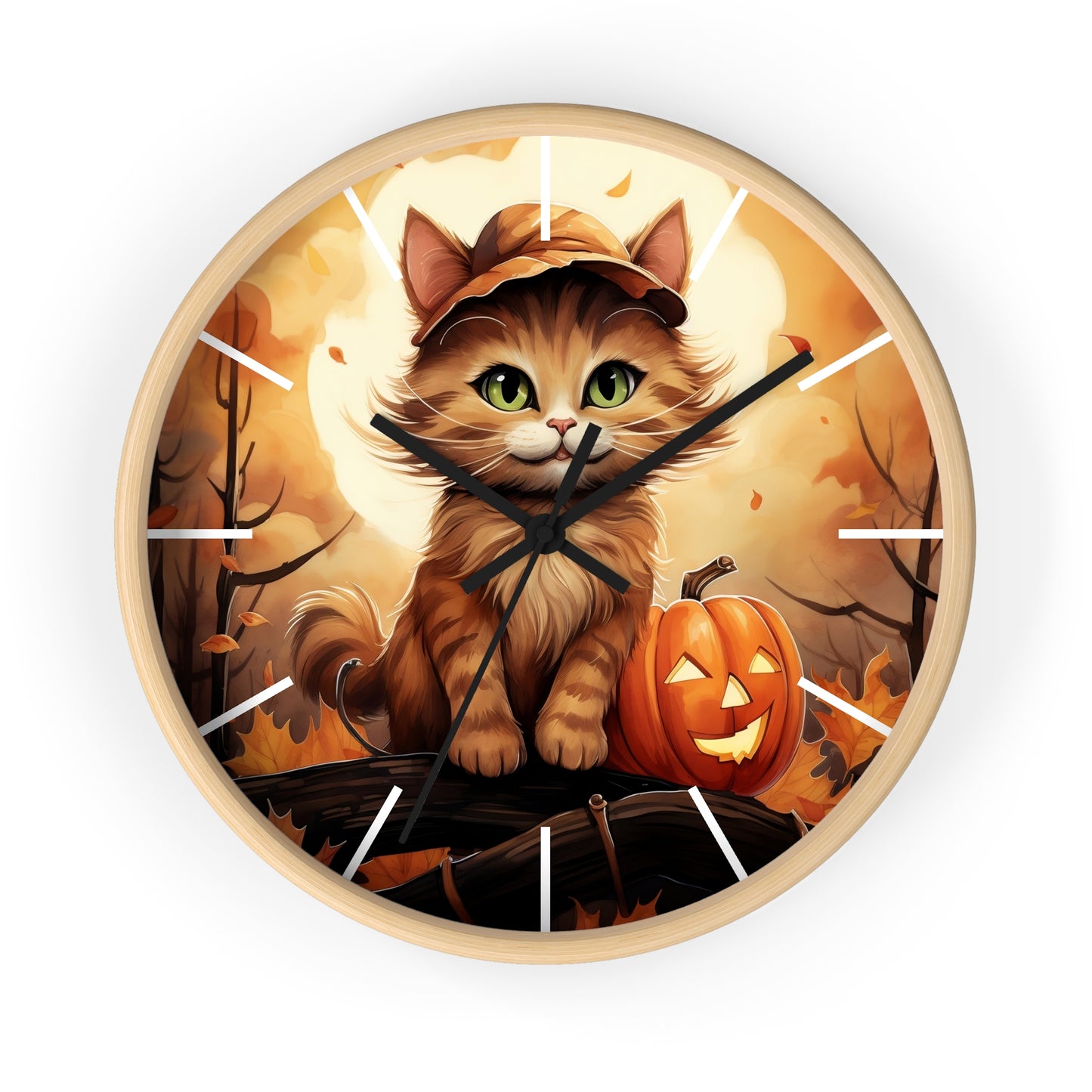 Wall Clock Ginger Cat With Jack O'Lantern Halloween Graphic Home Decor