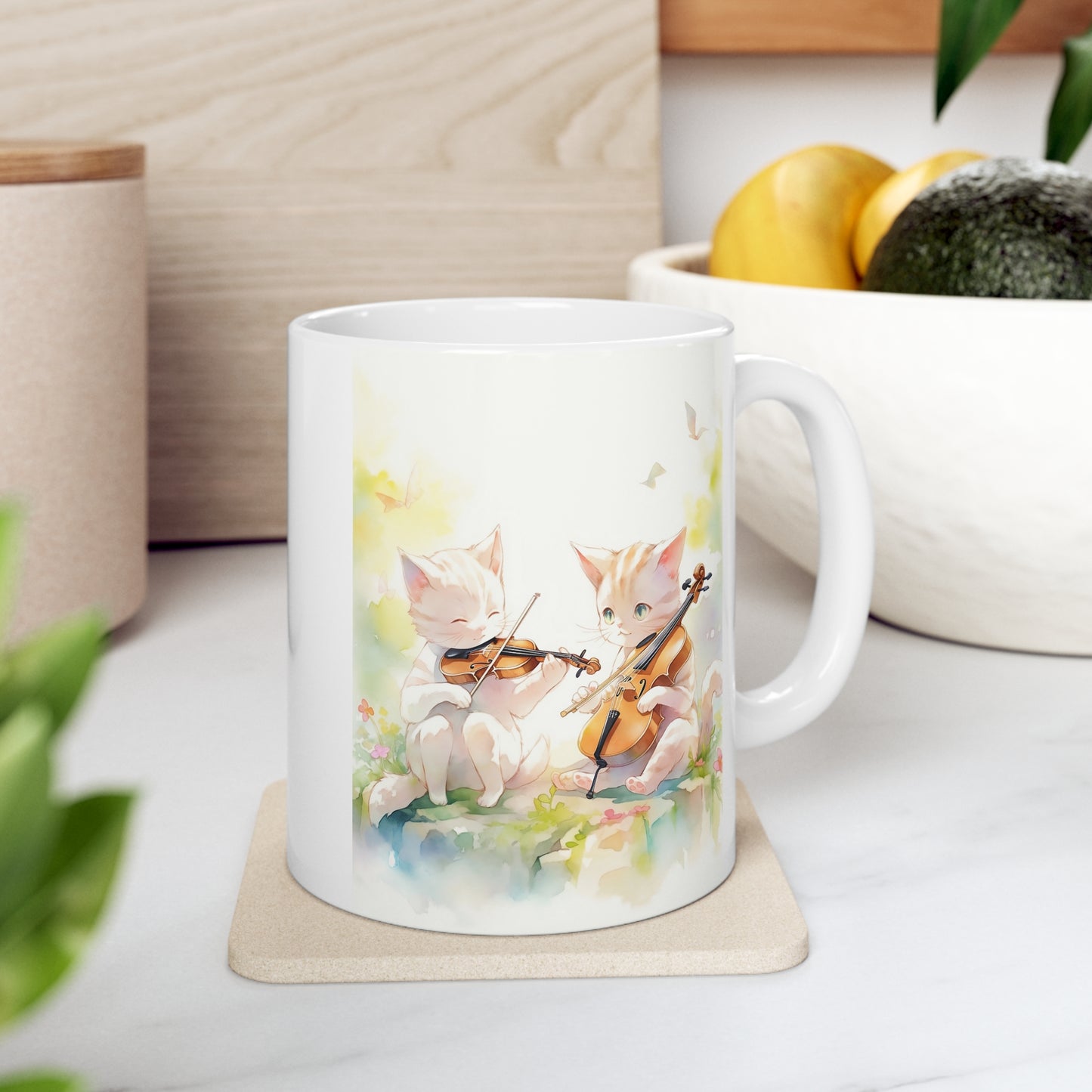 White Mug 11oz Twin White Cats Playing Violin in Forest Anime Style