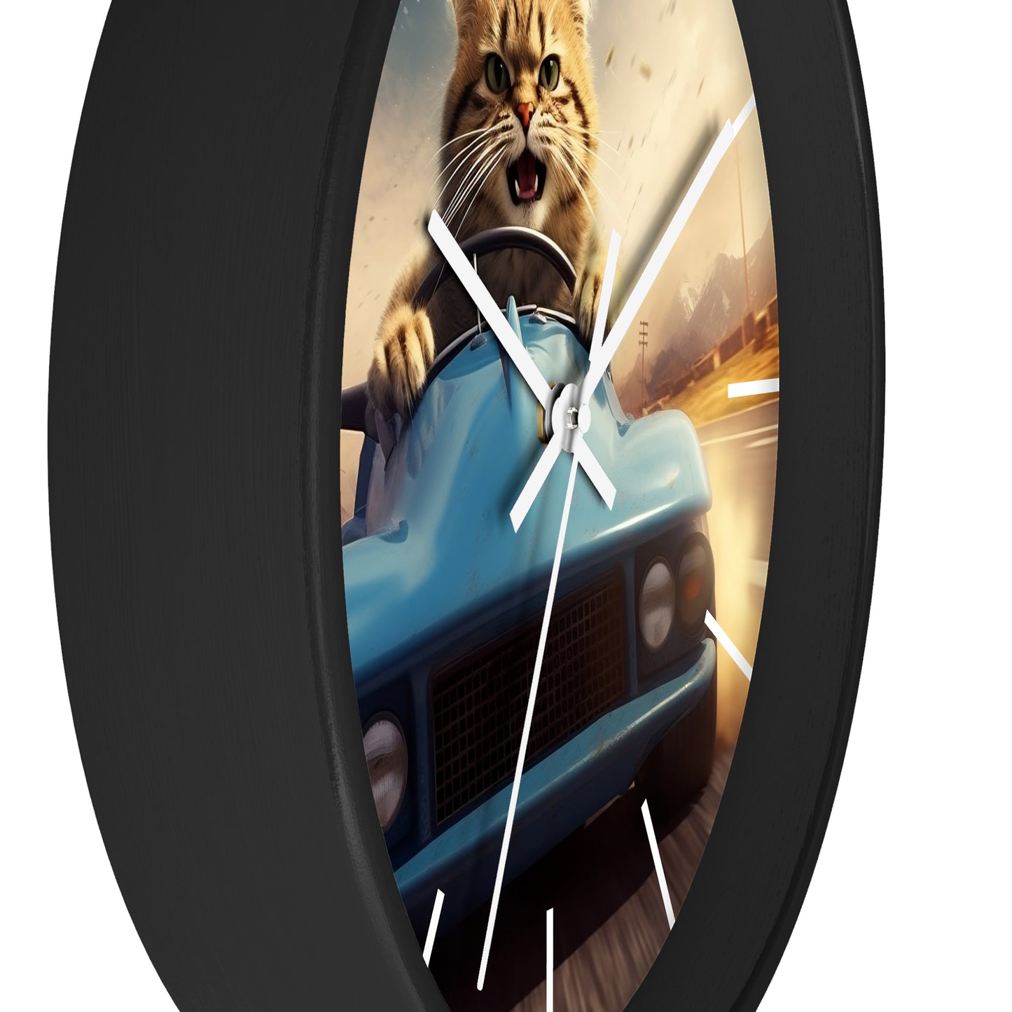 Wall Clock Brown Tabby Cat Sports Car Driver Home Decor