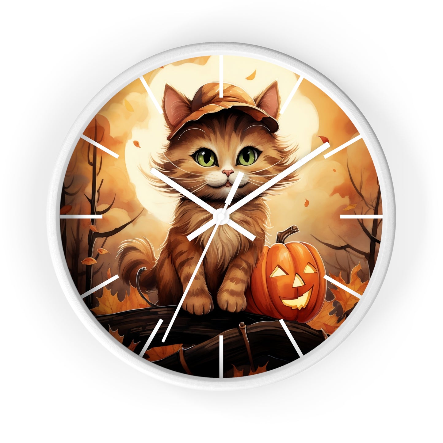 Wall Clock Ginger Cat With Jack O'Lantern Halloween Graphic Home Decor