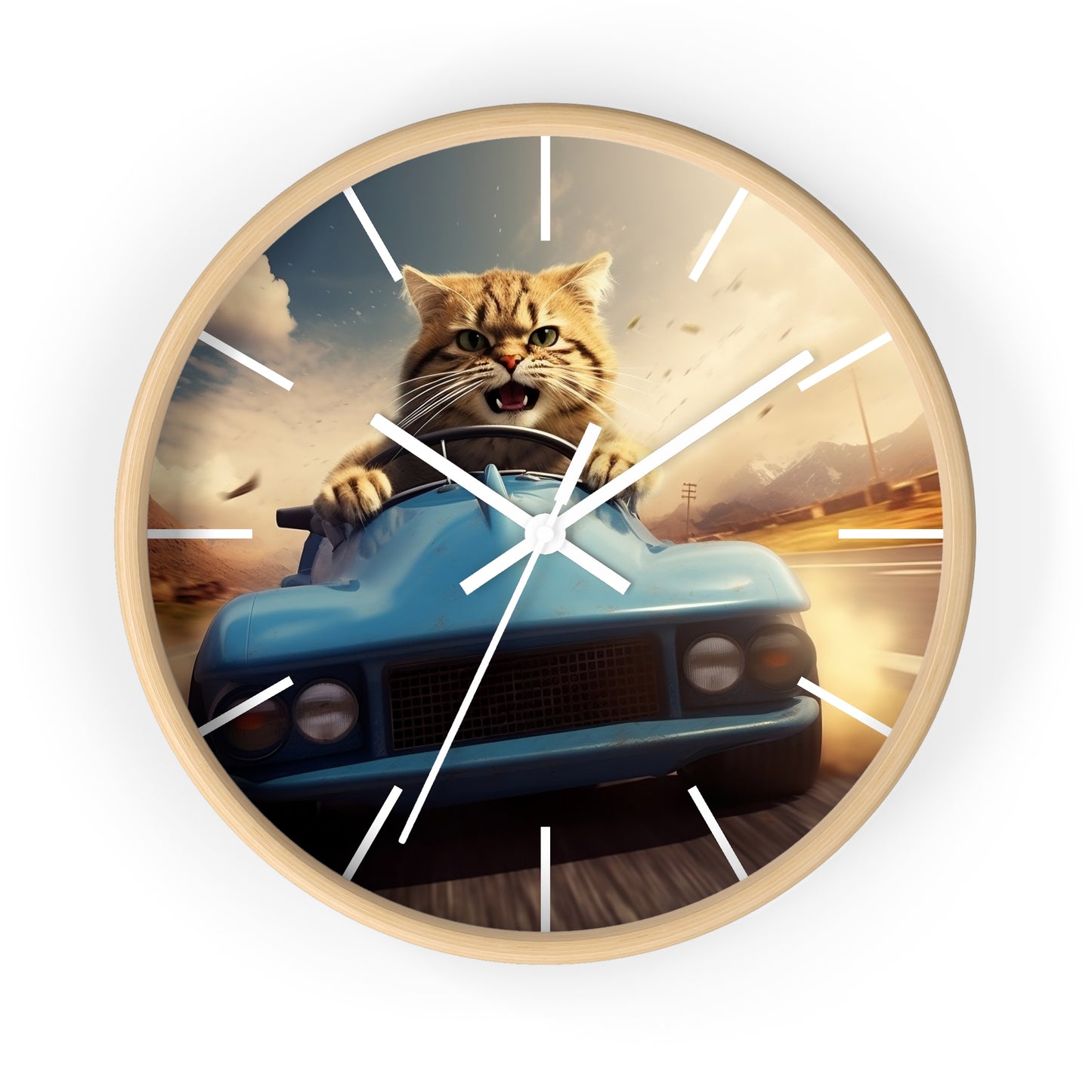 Wall Clock Brown Tabby Cat Sports Car Driver Home Decor