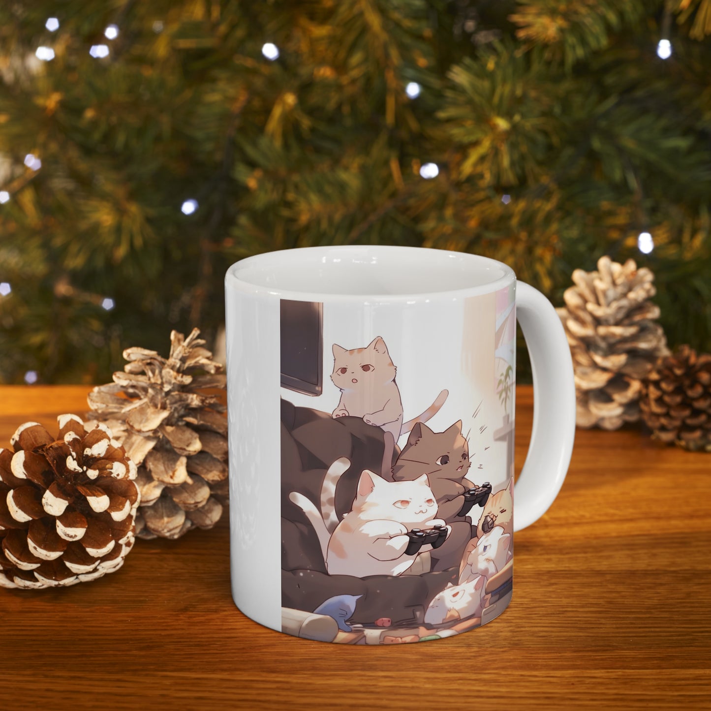 White Mug 11oz Cat Family Play Video Games Together Anime Style