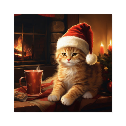 Square Vinyl Decals Sticker Christmas Santa Hat Cat Next to Fireplace