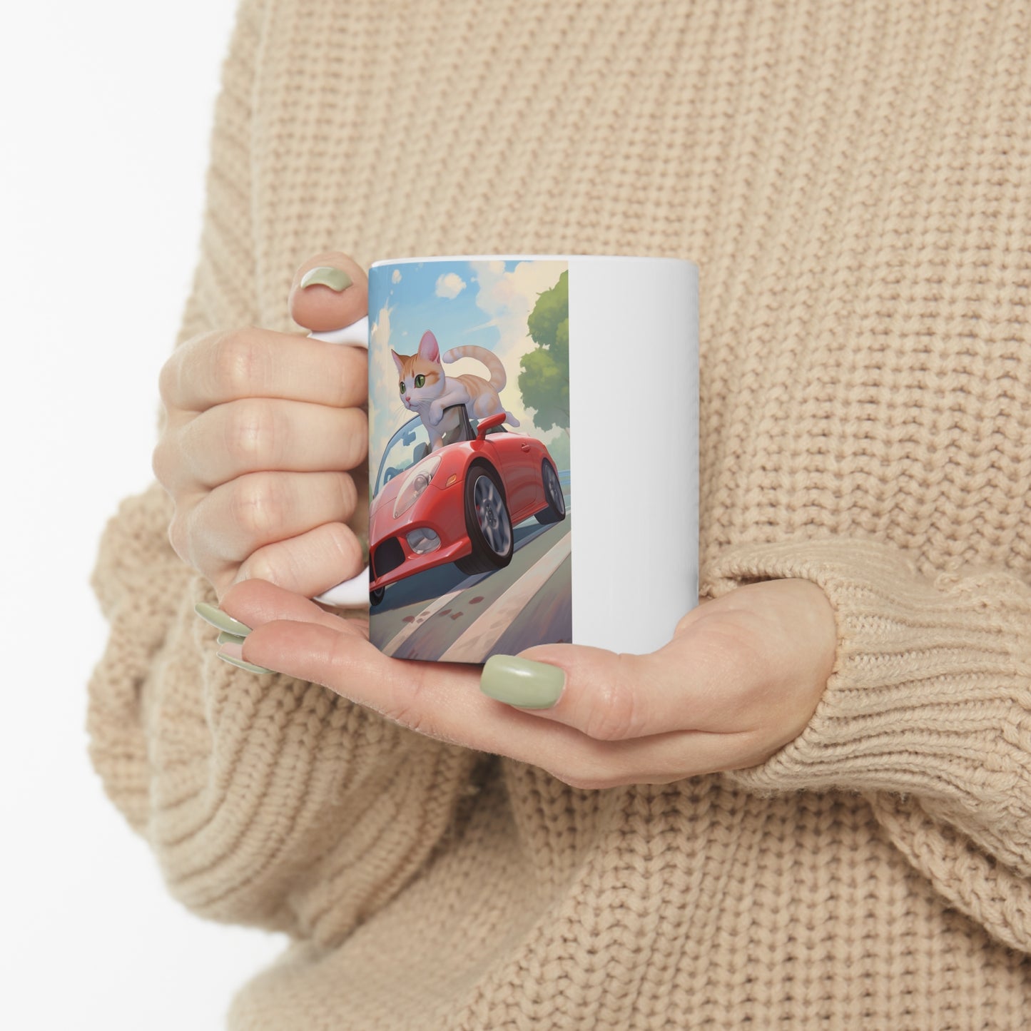 White Mug 11oz Orange Tabby Cat Riding Red Sports Car Anime Style