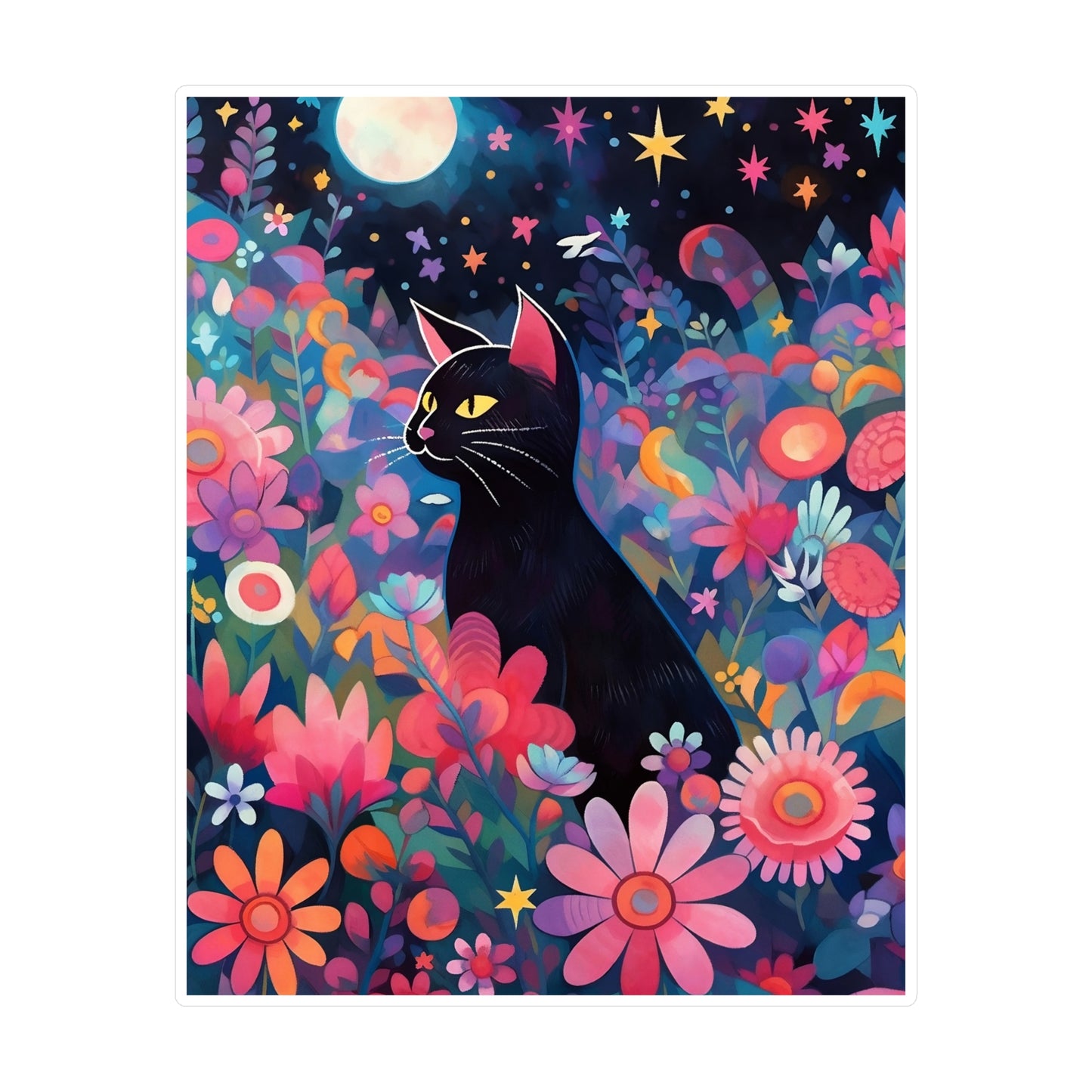 Kiss-Cut Vinyl Decals Sticker Black Cat Sit in a Magical Floral Garden