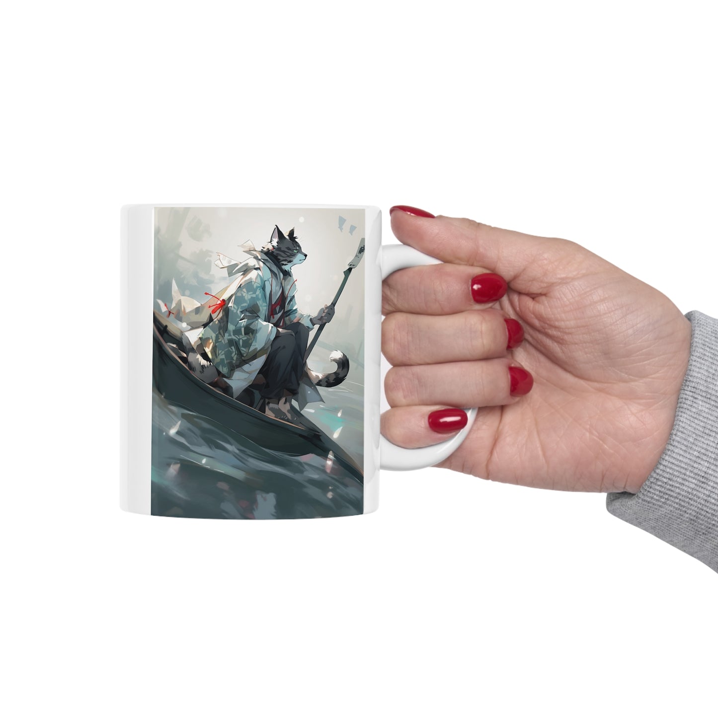 White Mug 11oz Gray Tabby Cat Samurai Sitting On Boat Anime Style