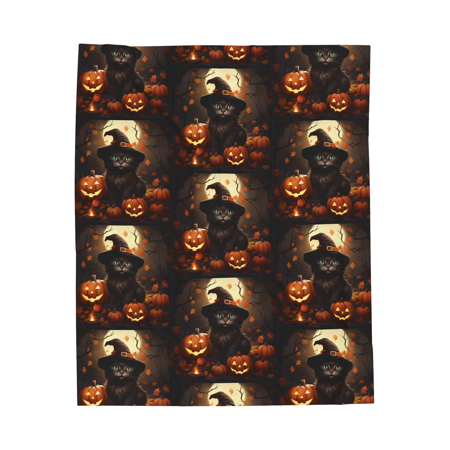 Plush Blanket Witch Cat With Halloween Jack O'Lantern in Moonlit Night