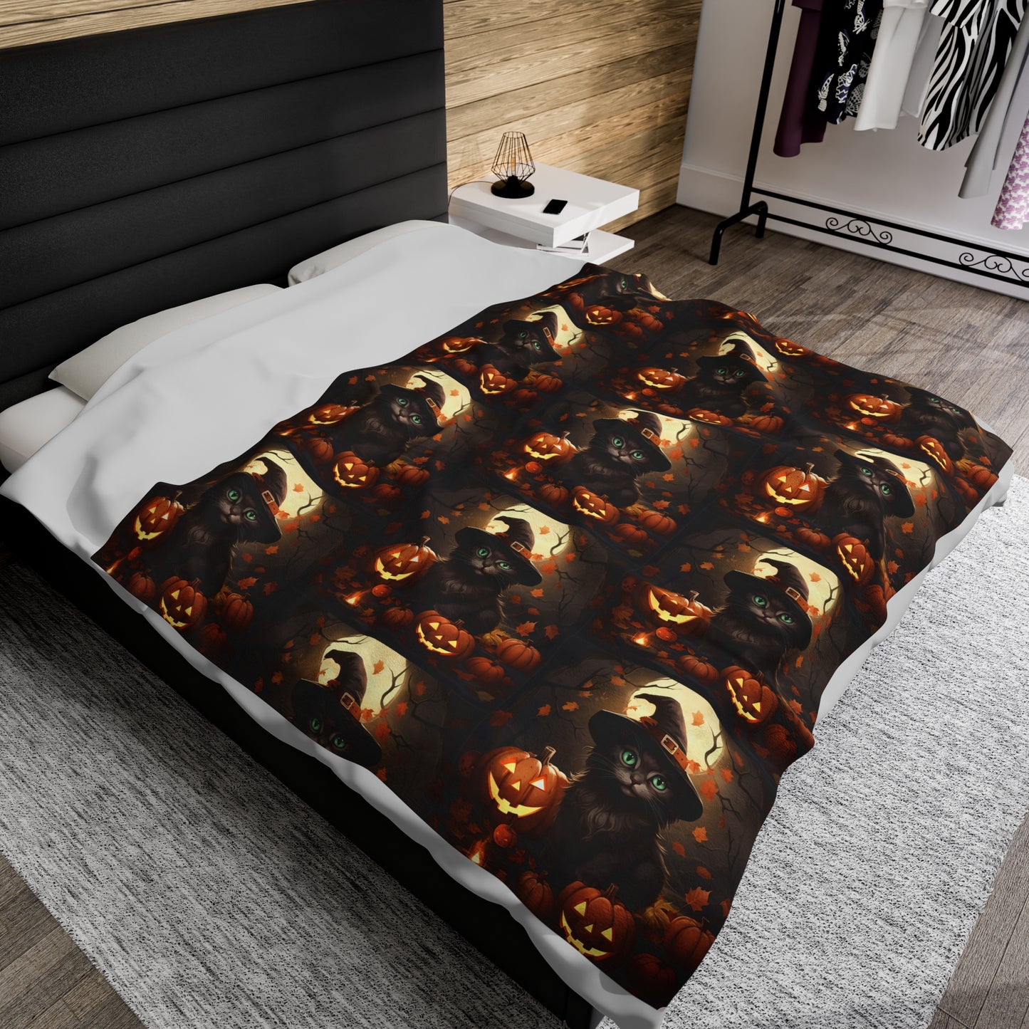 Plush Blanket Witch Cat With Halloween Jack O'Lantern in Moonlit Night