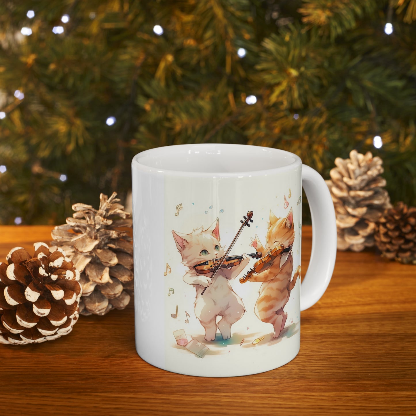 White Mug 11oz Twin Cats Playing Violin in Forest Anime Style