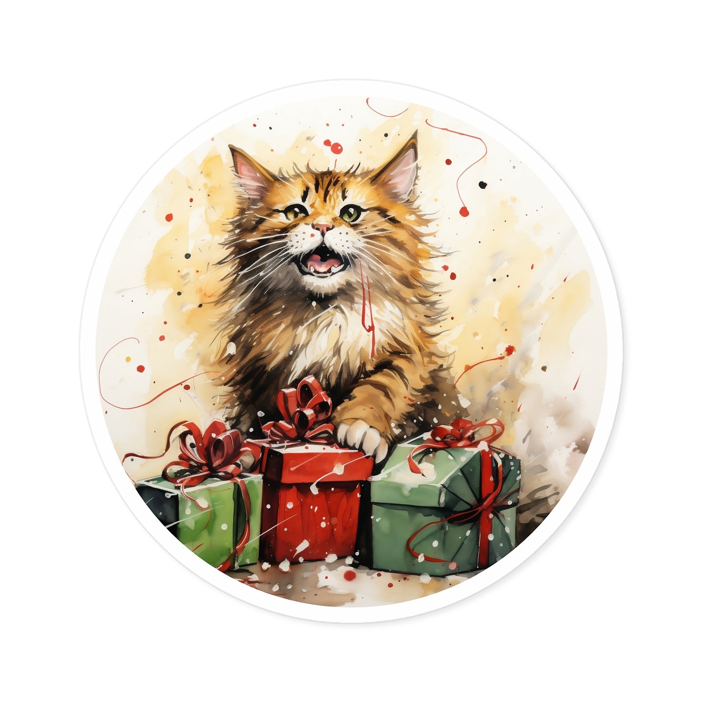 Round Vinyl Decals Sticker Ginger Cat Cuddling Christmas Present Gift