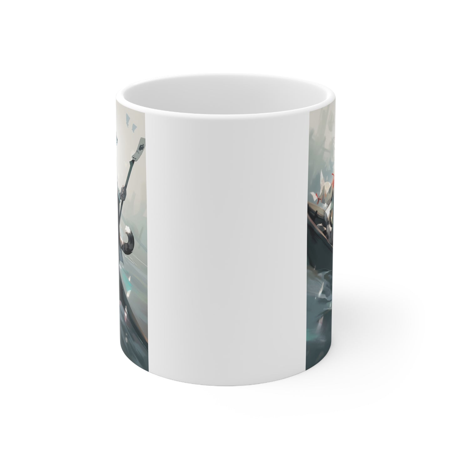 White Mug 11oz Gray Tabby Cat Samurai Sitting On Boat Anime Style